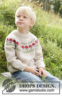 Mushroom Season Sweater / DROPS Children 47-13 - DROPS Karisma lõngast ülevalt alla kootud topeltkaelusega seenemustriga, ümara passega laste džemper 2 kuni 14 aastasele