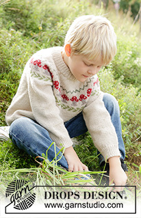 Mushroom Season Sweater / DROPS Children 47-13 - DROPS Karisma lõngast ülevalt alla kootud topeltkaelusega seenemustriga, ümara passega laste džemper 2 kuni 14 aastasele