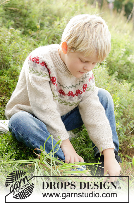 Mushroom Season Sweater / DROPS Children 47-13 - DROPS Karisma lõngast ülevalt alla kootud topeltkaelusega seenemustriga, ümara passega laste džemper 2 kuni 14 aastasele