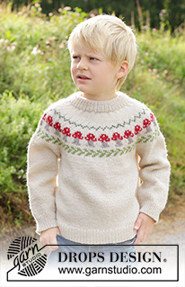Mushroom Season Sweater / DROPS Children 47-13 - DROPS Karisma lõngast ülevalt alla kootud topeltkaelusega seenemustriga, ümara passega laste džemper 2 kuni 14 aastasele