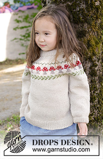 Mushroom Season Sweater / DROPS Children 47-14 - Dziecięcy sweter na drutach przerabiany od góry do dołu, z włóczki DROPS Karisma. Z podwójnym wykończeniem dekoltu, zaokrąglonym karczkiem i żakardem w grzybki. Od 2 do 14 lat.