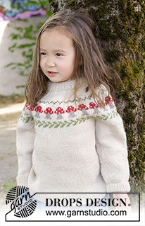 Mushroom Season Sweater / DROPS Children 47-14 - Dziecięcy sweter na drutach przerabiany od góry do dołu, z włóczki DROPS Karisma. Z podwójnym wykończeniem dekoltu, zaokrąglonym karczkiem i żakardem w grzybki. Od 2 do 14 lat.