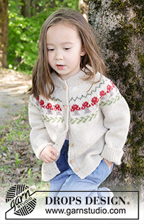 Mushroom Season Cardigan / DROPS Children 47-15 - Knitted jacket for children in DROPS Karisma. The piece is worked top down with double neck, round yoke and multi-coloured mushroom pattern. Sizes 2 – 14 years.