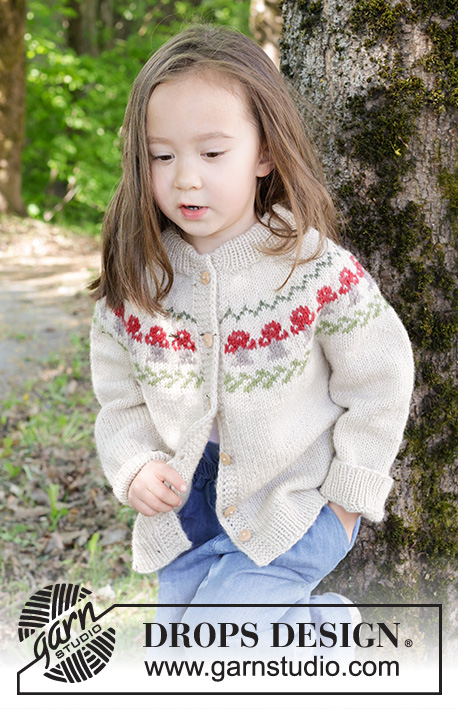Mushroom Season Cardigan / DROPS Children 47-15 - Knitted jacket for children in DROPS Karisma. The piece is worked top down with double neck, round yoke and multi-coloured mushroom pattern. Sizes 2 – 14 years.