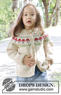 Mushroom Season Cardigan / DROPS Children 47-15 - Knitted jacket for children in DROPS Karisma. The piece is worked top down with double neck, round yoke and multi-coloured mushroom pattern. Sizes 2 – 14 years.