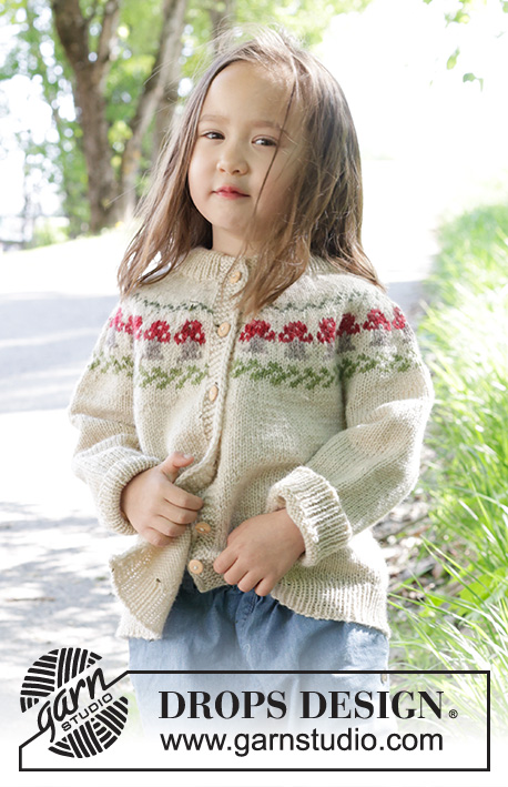 Mushroom Season Cardigan / DROPS Children 47-15 - Knitted jacket for children in DROPS Karisma. The piece is worked top down with double neck, round yoke and multi-coloured mushroom pattern. Sizes 2 – 14 years.