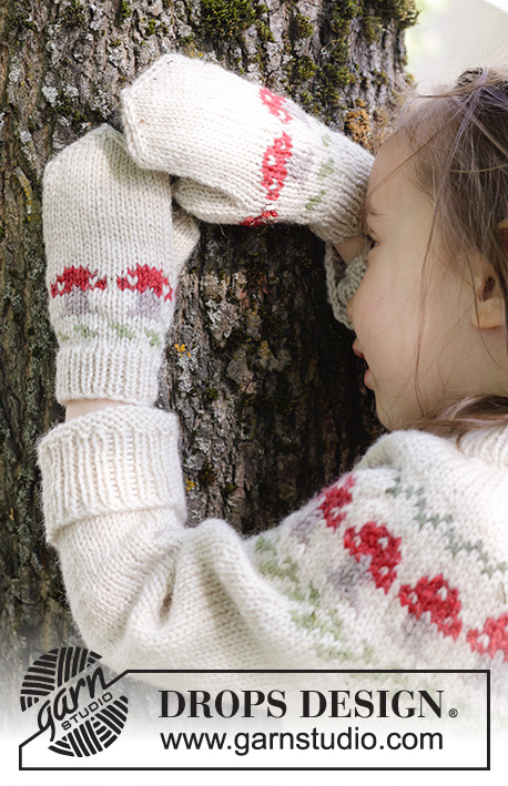 Mushroom Season Mittens / DROPS Children 47-16 - Gebreide wanten voor kinderen in DROPS Karisma. Het werk wordt van onder naar boven gebreid met veelkleurig paddenstoelenpatroon. Maten 2 – 14 jaar.