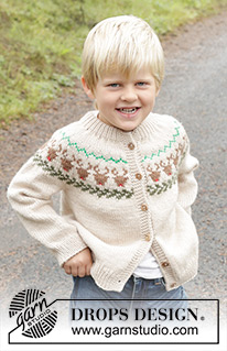 Reindeer Dance Cardigan / DROPS Children 47-17 - Knitted jacket for children in DROPS Daisy. The piece is worked top down with double neck, round yoke and multi-colored reindeer pattern. Sizes 2 – 14 years.