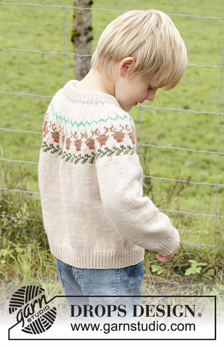 Reindeer Dance Sweater / DROPS Children 47-18 - Knitted jumper for children in DROPS Daisy. The piece is worked top down with double neck, round yoke and multi-coloured reindeer pattern. Sizes 2 – 14 years.