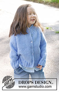 Little Cloud Blue Cardigan / DROPS Children 47-3 - Knitted jacket for children in DROPS Air. The piece is worked top down with stocking stitch, high neck and raglan. Sizes 2 – 12 years.