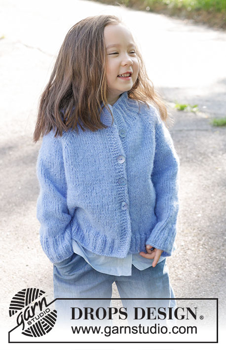 Little Cloud Blue Cardigan / DROPS Children 47-3 - Knitted jacket for children in DROPS Air. The piece is worked top down with stocking stitch, high neck and raglan. Sizes 2 – 12 years.