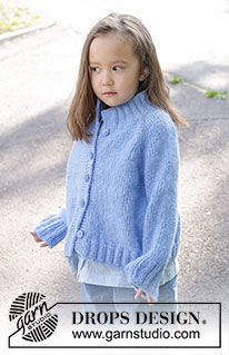 Little Cloud Blue Cardigan / DROPS Children 47-3 - Knitted jacket for children in DROPS Air. The piece is worked top down with stocking stitch, high neck and raglan. Sizes 2 – 12 years.