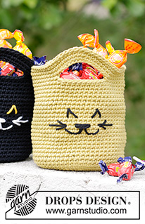 Cat Tricks Bag / DROPS Children 47-31 - Hæklet kurv / taske med kat i DROPS Paris. Arbejdet hækles rundt, nedefra og op. Tema: Halloween.