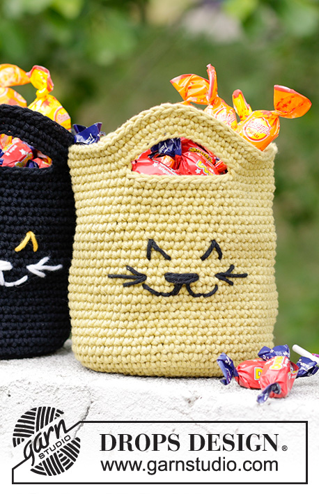 Cat Tricks Bag / DROPS Children 47-31 - Hæklet kurv / taske med kat i DROPS Paris. Arbejdet hækles rundt, nedefra og op. Tema: Halloween.