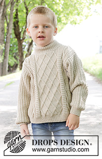 Ocean Ropes / DROPS Children 47-32 - Gebreide trui voor kinderen in DROPS Merino Extra Fine. Het werk wordt van onder naar boven gebreid met reliëfpatroon en kabels. Maten 2 tot 12 jaar.
