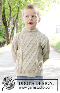 Ocean Ropes / DROPS Children 47-32 - Gebreide trui voor kinderen in DROPS Merino Extra Fine. Het werk wordt van onder naar boven gebreid met reliëfpatroon en kabels. Maten 2 tot 12 jaar.