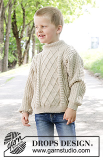 Ocean Ropes / DROPS Children 47-32 - Gebreide trui voor kinderen in DROPS Merino Extra Fine. Het werk wordt van onder naar boven gebreid met reliëfpatroon en kabels. Maten 2 tot 12 jaar.