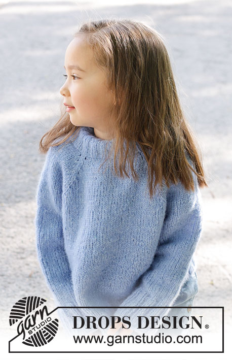 Little Cloud Blue Sweater / DROPS Children 47-4 - Knitted sweater for children in DROPS Air. The piece is worked top down with stockinette stitch, double neck and raglan. Sizes 2 – 12 years.