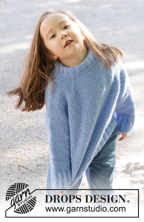 Little Cloud Blue Sweater / DROPS Children 47-4 - Knitted sweater for children in DROPS Air. The piece is worked top down with stockinette stitch, double neck and raglan. Sizes 2 – 12 years.