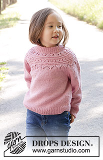 Running Circles Sweater / DROPS Children 47-8 - Gestrickter Pullover für Kinder in DROPS Merino Extra Fine. Die Arbeit wird von oben nach unten mit Rundpasse, Lochmuster und doppelter Halsblende gestrickt. Größe 2 - 12 Jahre.
