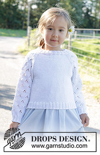Daisy Fields / DROPS Children 48-1 - Strikket genser til barn med raglan i DROPS Muskat. Arbeidet er strikket ovenfra og ned med hullmønster på ermene. Størrelse 2 – 12 år.
