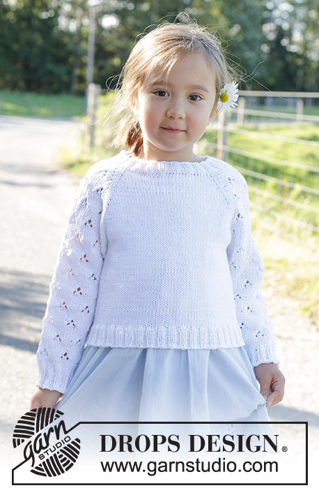Daisy Fields / DROPS Children 48-1 - Strikket genser til barn med raglan i DROPS Muskat. Arbeidet er strikket ovenfra og ned med hullmønster på ermene. Størrelse 2 – 12 år.