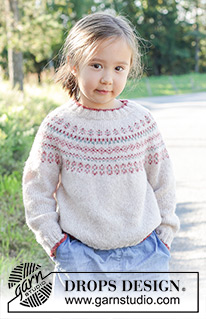 Berries & Dreams Sweater / DROPS Children 48-10 - Knitted jumper for children in DROPS Sky. The piece is worked top down with round yoke and Nordic pattern. Sizes 2 – 12 years.