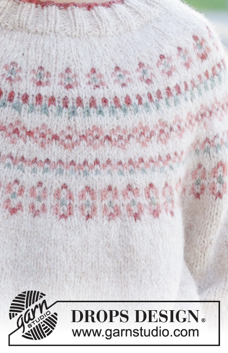 Berries & Dreams Sweater / DROPS Children 48-10 - Knitted jumper for children in DROPS Sky. The piece is worked top down with round yoke and Nordic pattern. Sizes 2 – 12 years.
