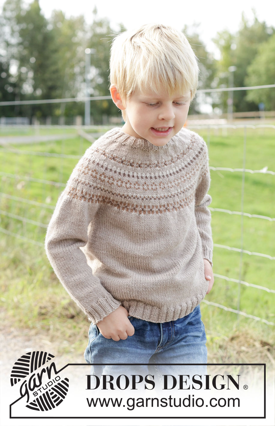 Walnuts & Smiles Sweater / DROPS Children 48-11 - Strikket genser til barn i DROPS Daisy. Arbeidet strikkes ovenfra og ned med rundfelling og nordisk mønster. Størrelse 2 – 12 år.