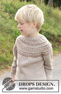 Walnuts & Smiles Sweater / DROPS Children 48-11 - Strikket genser til barn i DROPS Daisy. Arbeidet strikkes ovenfra og ned med rundfelling og nordisk mønster. Størrelse 2 – 12 år.