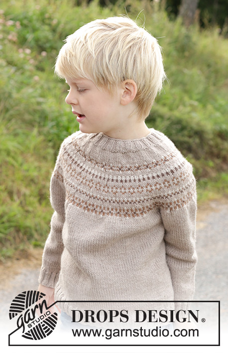 Walnuts & Smiles Sweater / DROPS Children 48-11 - Strikket genser til barn i DROPS Daisy. Arbeidet strikkes ovenfra og ned med rundfelling og nordisk mønster. Størrelse 2 – 12 år.