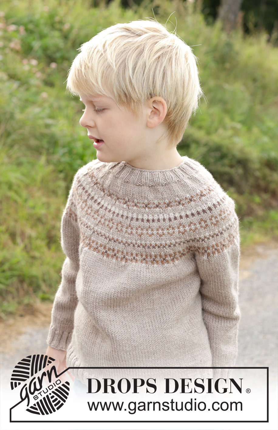 Walnuts & Smiles Sweater / DROPS Children 48-11 - Strikket genser til barn i DROPS Daisy. Arbeidet strikkes ovenfra og ned med rundfelling og nordisk mønster. Størrelse 2 – 12 år.