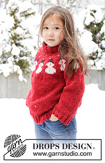 Snowman Magic / DROPS Children 48-13 - DROPS Air lõngast ülevalt alla kootud ümara passega lumememmede mustriga ja topeltkaelusega džemper 2 - 14 aastasele lapsele 
Teema: jõuludeks