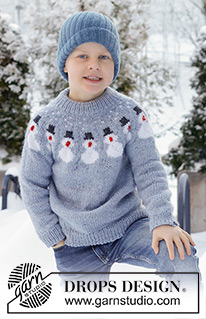 Snowman Magic / DROPS Children 48-14 - Gestrickter Pullover für Kinder in DROPS Nepal. Die Arbeit wird von oben nach unten mit Rundpasse, Schneemännern und doppelter Halsblende gestrickt. Größe 2 - 14 Jahre. Thema: Weihnachten.