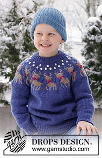 Rudolph's Parade / DROPS Children 48-16 - Pulôver tricotado de cima para baixo, para criança, em DROPS Nepal. Tricota-se com encaixe arredondado, renas e gola dobrada. Dos 2 aos 14 anos. Tema: Natal.