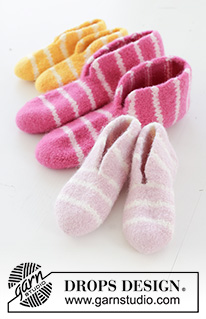 Cosy Stripes / DROPS Children 48-18 - Gestrickte und gefilzte Hausschuhe mit Streifen für Kinder in DROPS Snow. Größe 26 – 43. Thema: Ostern.