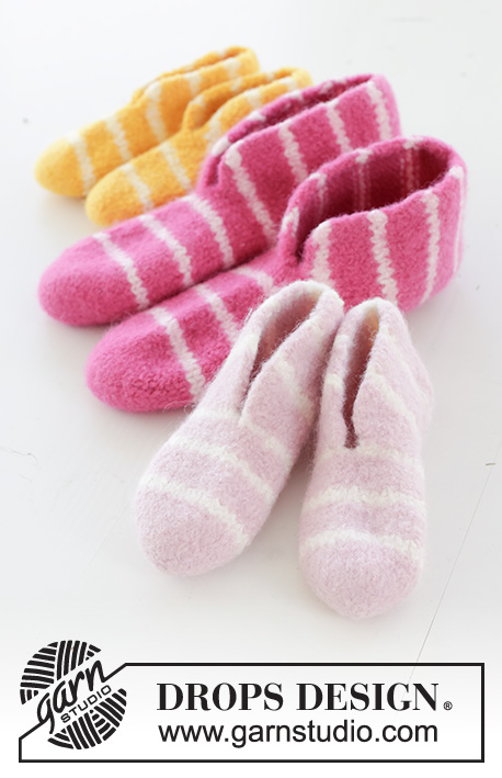 Cosy Stripes / DROPS Children 48-18 - Gestrickte und gefilzte Hausschuhe mit Streifen für Kinder in DROPS Snow. Größe 26 – 43. Thema: Ostern.