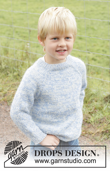 Spring Smiles / DROPS Children 48-4 - Dziecięcy sweter na drutach, przerabiany od góry do dołu, 2 nitkami włóczki DROPS Alpaca. Przerabiany dżersejem, z reglanowymi rękawami. Od 2 do 12 lat.