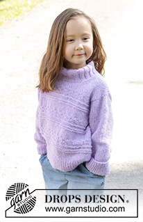 Little Lily Sweater / DROPS Children 48-8 - Strikket genser til barn i DROPS Air. Arbeidet strikkes ovenfra og ned med europeisk skulder / skrå skulder, relieffmønster og dobbel halskant. Størrelse 2 – 12 år.