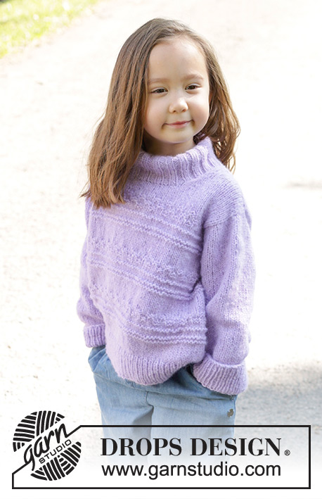 Little Lily Sweater / DROPS Children 48-8 - Strikket genser til barn i DROPS Air. Arbeidet strikkes ovenfra og ned med europeisk skulder / skrå skulder, relieffmønster og dobbel halskant. Størrelse 2 – 12 år.