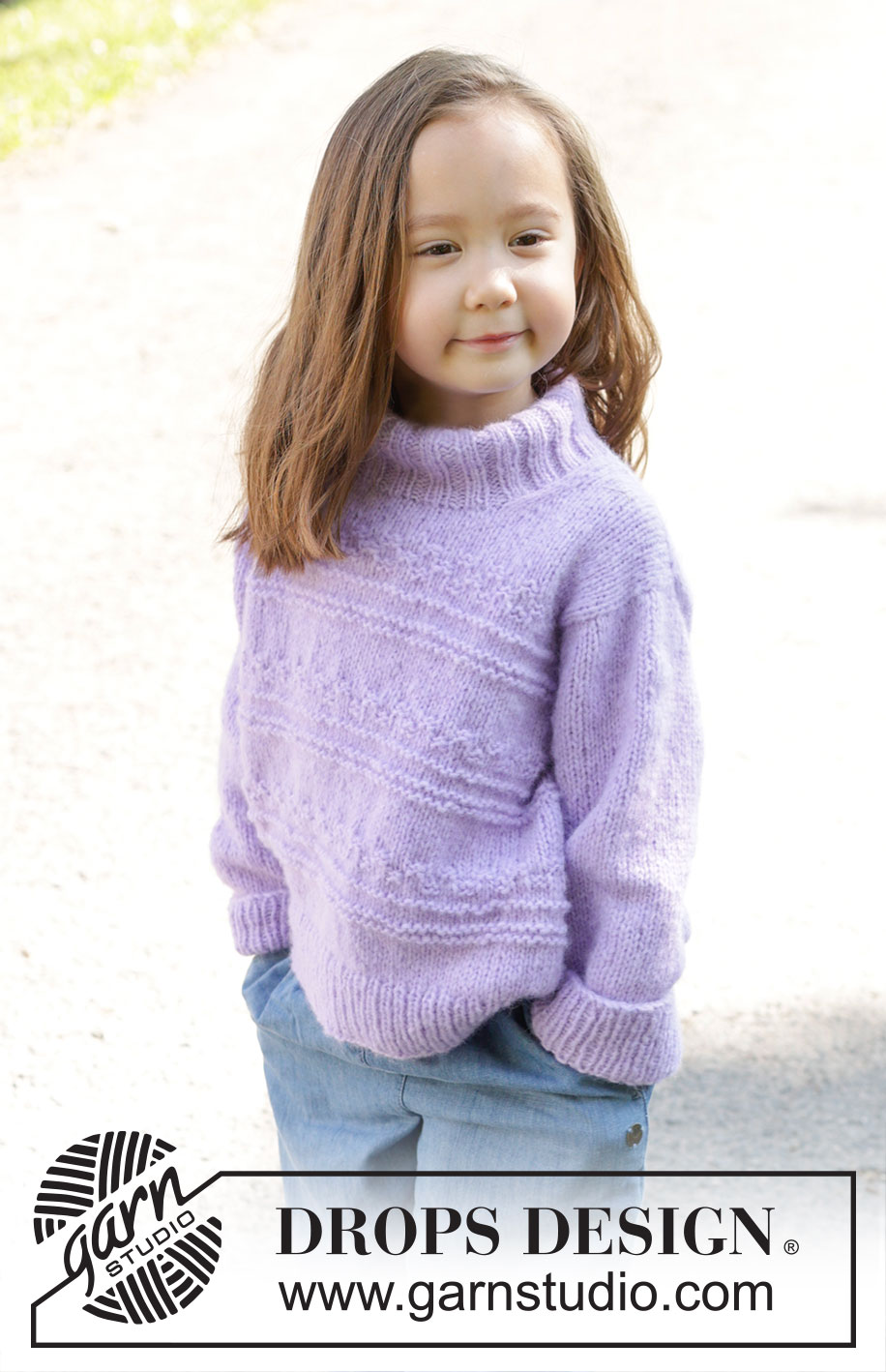 Little Lily Sweater / DROPS Children 48-8 - Strikket genser til barn i DROPS Air. Arbeidet strikkes ovenfra og ned med europeisk skulder / skrå skulder, relieffmønster og dobbel halskant. Størrelse 2 – 12 år.