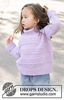 Little Lily Sweater / DROPS Children 48-8 - Strikket genser til barn i DROPS Air. Arbeidet strikkes ovenfra og ned med europeisk skulder / skrå skulder, relieffmønster og dobbel halskant. Størrelse 2 – 12 år.