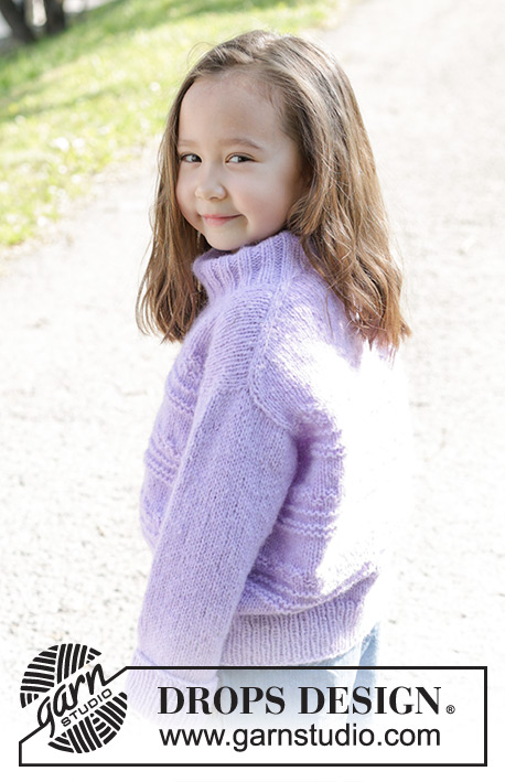 Little Lily Sweater / DROPS Children 48-8 - Strikket genser til barn i DROPS Air. Arbeidet strikkes ovenfra og ned med europeisk skulder / skrå skulder, relieffmønster og dobbel halskant. Størrelse 2 – 12 år.