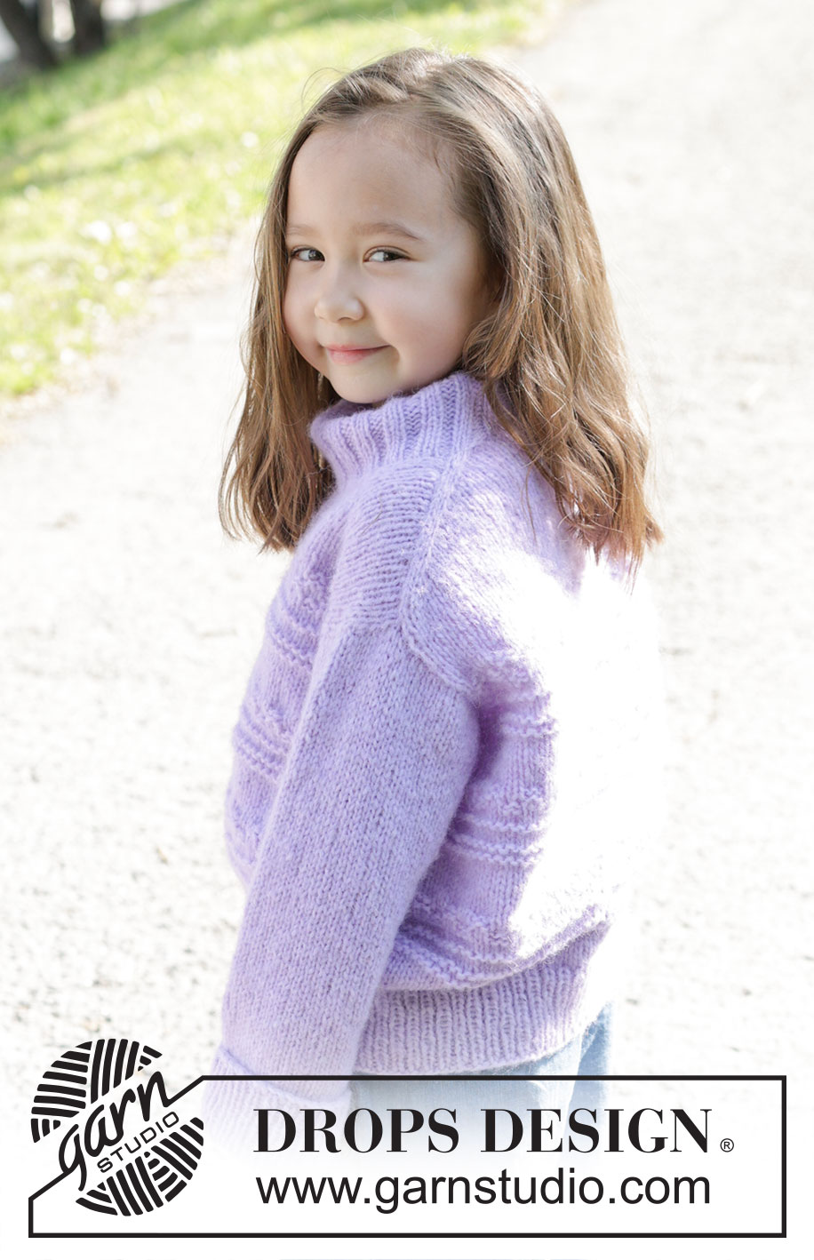 Little Lily Sweater / DROPS Children 48-8 - Strikket genser til barn i DROPS Air. Arbeidet strikkes ovenfra og ned med europeisk skulder / skrå skulder, relieffmønster og dobbel halskant. Størrelse 2 – 12 år.