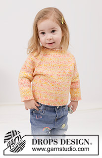 Tangerine Twist / DROPS Children 49-10 - Gestrickter Pullover für Kinder in DROPS Fiesta. Die Arbeit wird von oben nach unten glatt rechts mit Raglan gestrickt. Größe 2 – 12 Jahre.