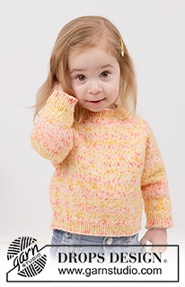 Tangerine Twist / DROPS Children 49-10 - Gestrickter Pullover für Kinder in DROPS Fiesta. Die Arbeit wird von oben nach unten glatt rechts mit Raglan gestrickt. Größe 2 – 12 Jahre.