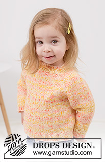 Tangerine Twist / DROPS Children 49-10 - Gestrickter Pullover für Kinder in DROPS Fiesta. Die Arbeit wird von oben nach unten glatt rechts mit Raglan gestrickt. Größe 2 – 12 Jahre.
