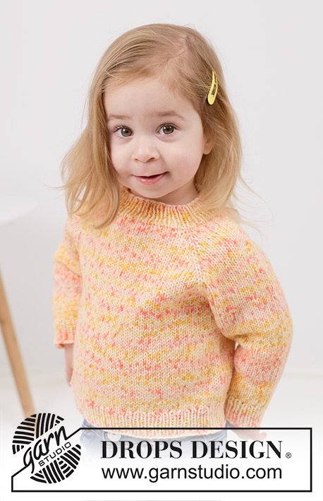 Tangerine Twist / DROPS Children 49-10 - Gestrickter Pullover für Kinder in DROPS Fiesta. Die Arbeit wird von oben nach unten glatt rechts mit Raglan gestrickt. Größe 2 – 12 Jahre.