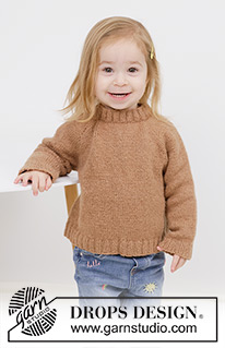 Cocoa Comfort / DROPS Children 49-12 - Dziecięcy sweter na drutach, przerabiany od góry do dołu, z włóczki DROPS Sky. Przerabiany dżersejem, z reglanowymi rękawami. Od 2 do 12 lat.