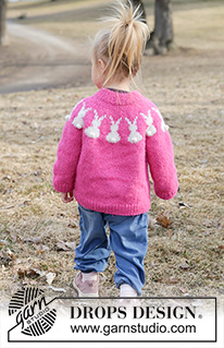 Bunny Bloom / DROPS Children 49-13 - Gebreide trui voor kinderen in DROPS Air. Het werk wordt van boven naar beneden gebreid met ronde pas, veelkleurig patroon en Paashaas. Maten 2 - 14 jaar. Thema: Pasen.